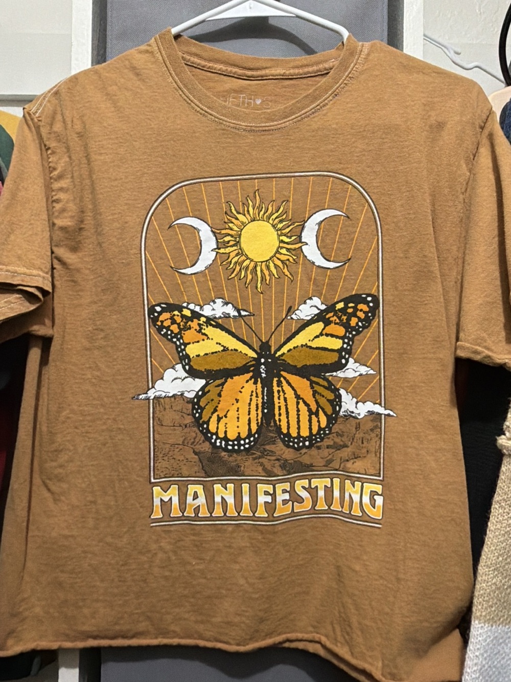 Fifth Sun Brown Graphic Crop Tee with Yellow Monarch Butterfly